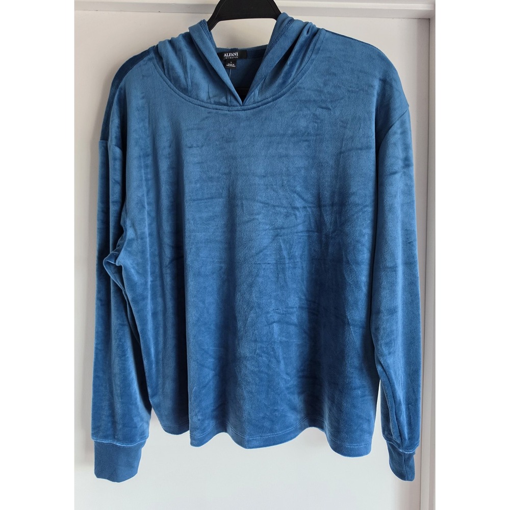 NWT Alfani Women's Hoodie Size L Blue Solid Casual Pullover Sweatshirt Long